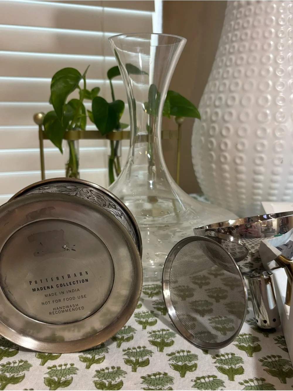 Pottery Barn Madena Pewter Base Glass Wine Decanter & Funnel Set